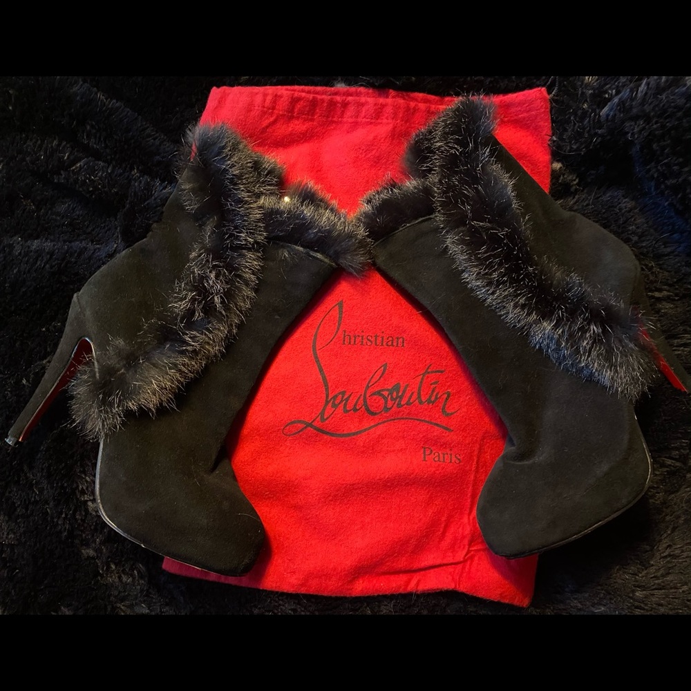 Christian Louboutin Black Suede Boots W/Fur Trim